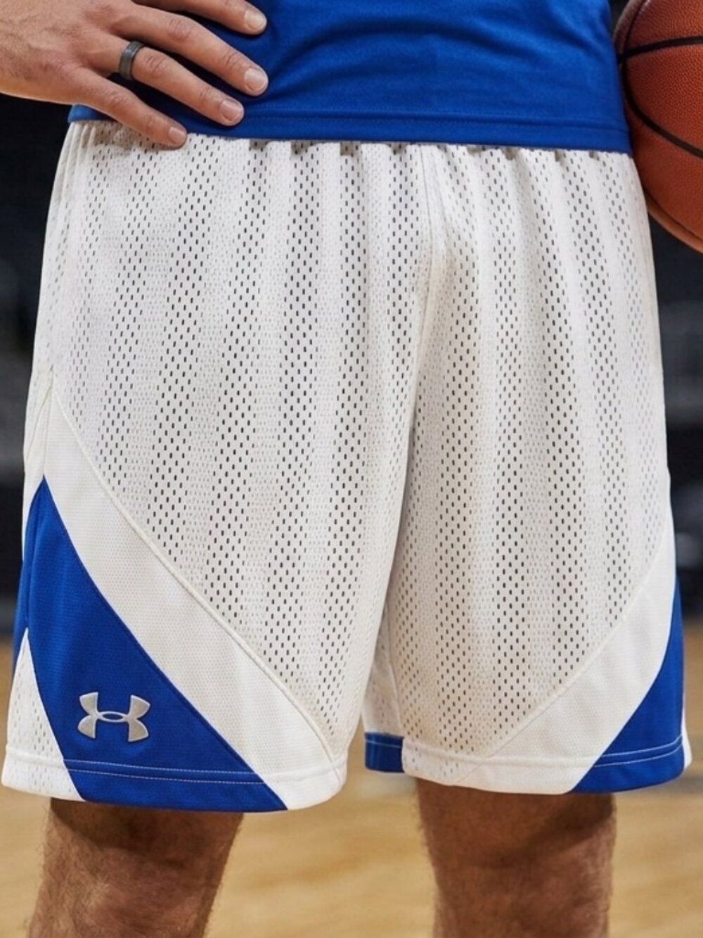 Under Armour Men's Mesh Basketball Shorts White Blue Logo Athletic Size Medium